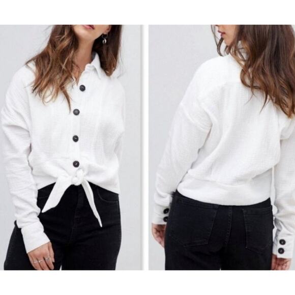 Free People Tops - Free People Sunstreak Cropped Blouse XS Button Down Long Sleeve Tie Waist Gauze